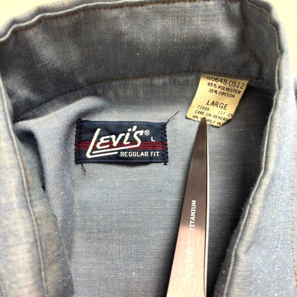 Vintage Levi's Mens Chambray Pearl Snap Shirt Blue Sz L Orange Tab Western Read! - Picture 4 of 7